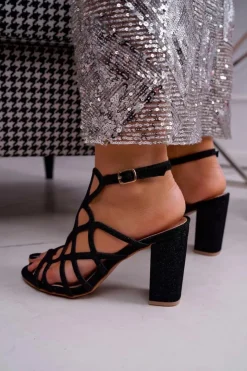 Outlet Boto Sandały Damskie Na Słupku Brokatowe Czarne Gete