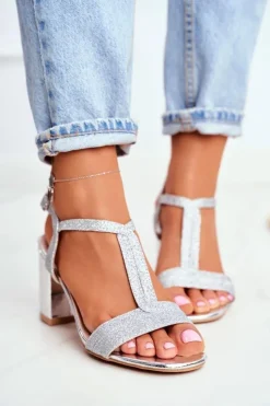 Boto Sandały Na Obcasie*Sandały Damskie Na Słupku Brokatowe Srebrne Perfecto