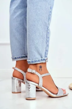 Boto Sandały Na Obcasie*Sandały Damskie Na Słupku Brokatowe Srebrne Perfecto