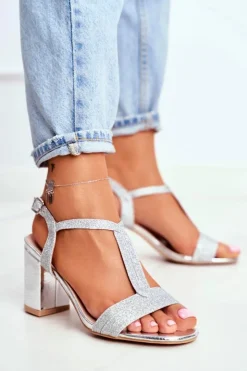 Boto Sandały Na Obcasie*Sandały Damskie Na Słupku Brokatowe Srebrne Perfecto