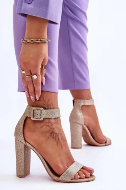 Boto Sandały Damskie Na Słupku Ciemny Złoty Brokat Joalice