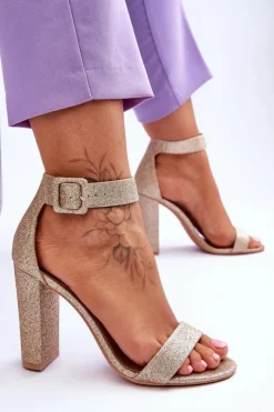 Boto Sandały Damskie Na Słupku Ciemny Złoty Brokat Joalice