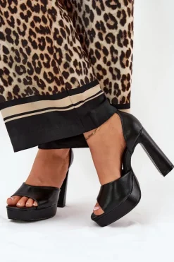 Hot Boto Sandały Damskie Na Słupku I Platformie Eko Skórzane Czarne Lomman Czarny