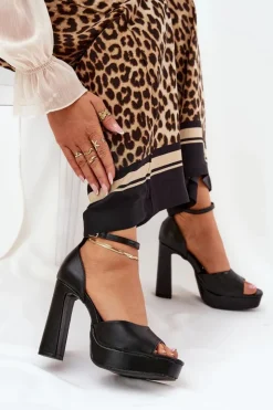 Hot Boto Sandały Damskie Na Słupku I Platformie Eko Skórzane Czarne Lomman Czarny