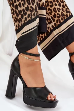 Hot Boto Sandały Damskie Na Słupku I Platformie Eko Skórzane Czarne Lomman Czarny