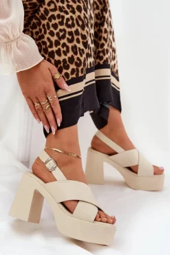 Damskie Boto Sandały Damskie Na Słupku I Platformie Z Eko Skóry Jasnobeżowe Annavin