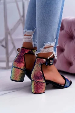 Damskie Boto Sandały Damskie Na Słupku Lu Boo Opalizujące Cekiny Czarne Tindal