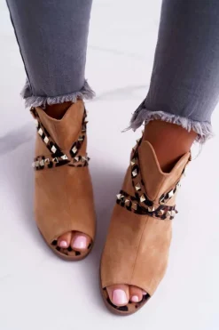 Damskie Boto Sandały Damskie Na Słupku Lu Boo Z Cholewką Camel 318-30 Fiode