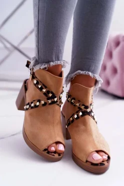 Damskie Boto Sandały Damskie Na Słupku Lu Boo Z Cholewką Camel 318-30 Fiode