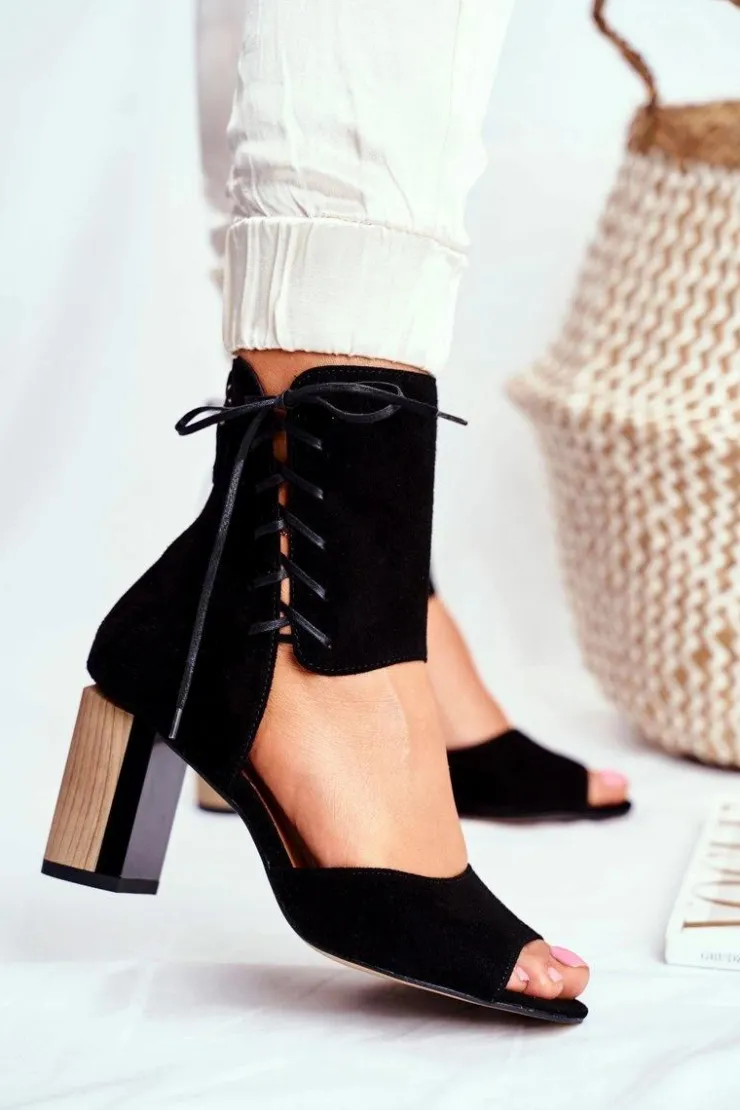 Damskie Maciejka Sandały Damskie Na Słupku Czarne Zamszowe 04122-01