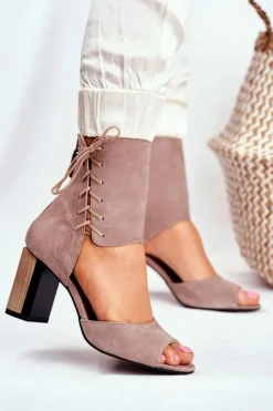 New Maciejka Sandały Damskie Na Słupku Beżowe Zamszowe 04122-04