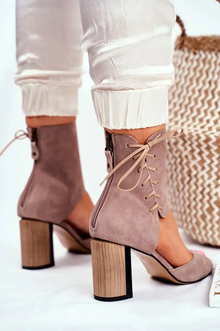 New Maciejka Sandały Damskie Na Słupku Beżowe Zamszowe 04122-04