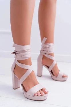Outlet Boto Sandały Damskie Na Słupku Platforma Wiązane Beżowe LaFiesta