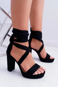 Hot Boto Sandały Damskie Na Słupku Platforma Wiązane Czarne LaFiesta