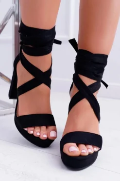 Hot Boto Sandały Damskie Na Słupku Platforma Wiązane Czarne LaFiesta