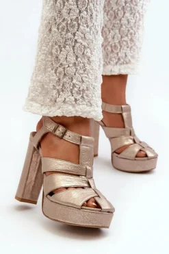 Outlet Maciejka Sandały Damskie Na Słupku Skórzane 06050-25 Złote