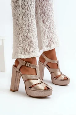 Outlet Maciejka Sandały Damskie Na Słupku Skórzane 06050-25 Złote