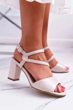 Best Buty Sergio Leone Sandały Damskie Na Słupku Sergio Leone SK844 Lakierowane Beżowe Tres