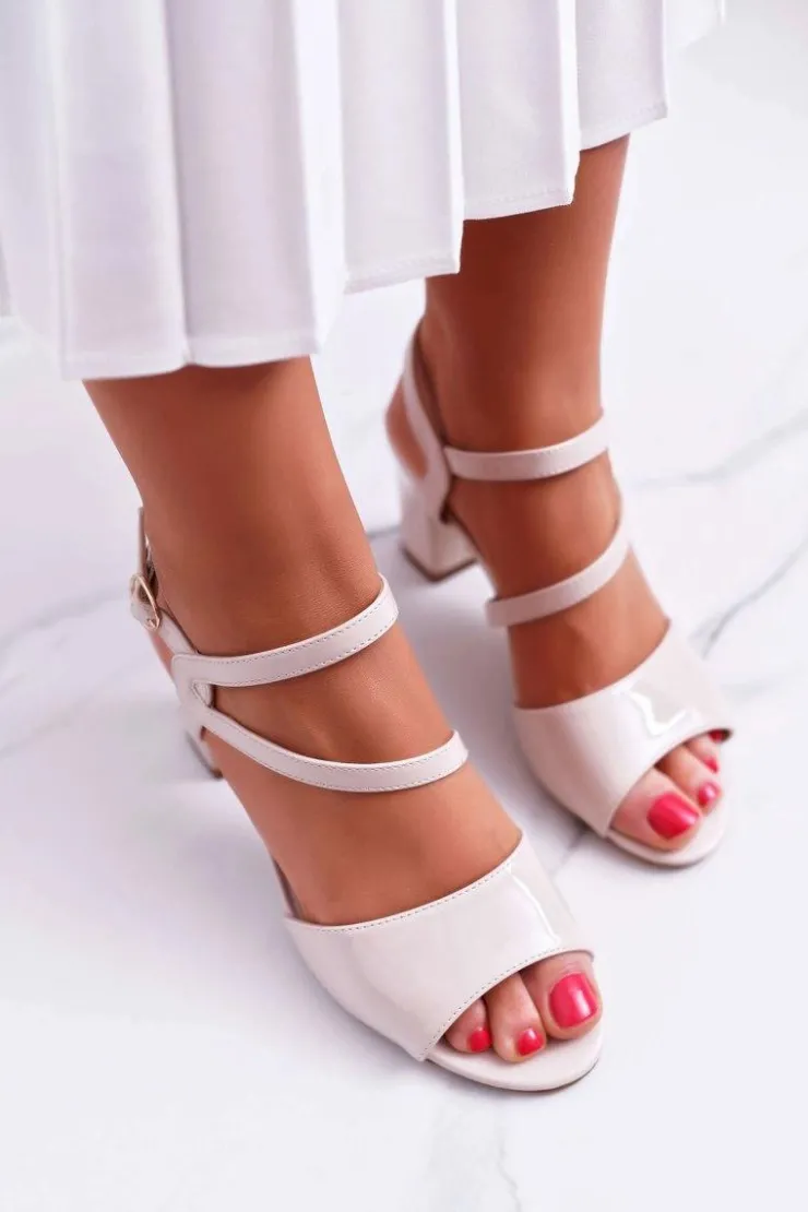 Best Buty Sergio Leone Sandały Damskie Na Słupku Sergio Leone SK844 Lakierowane Beżowe Tres