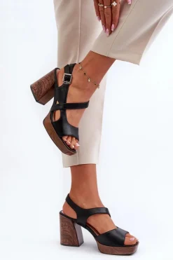 Buty Sergio Leone Sandały Damskie Na Słupku Sergio Leone SK577 Czarne