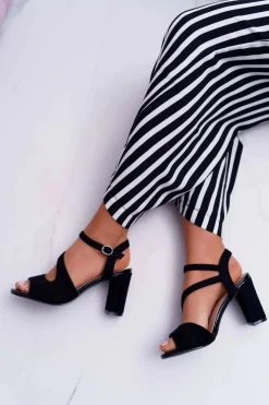 Online Buty Sergio Leone Sandały Damskie Na Słupku Sergio Leone SK868 Zamszowe Czarne Mersi