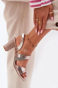 Buty Sergio Leone Sandały Na Słupku|Sandały Na Obcasie*Sandały Damskie Na Słupku Sergio Leone SK866 Różowe Złoto Złoty