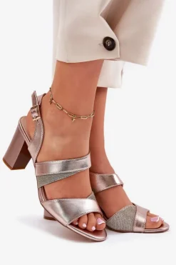 Buty Sergio Leone Sandały Na Słupku|Sandały Na Obcasie*Sandały Damskie Na Słupku Sergio Leone SK866 Różowe Złoto Złoty