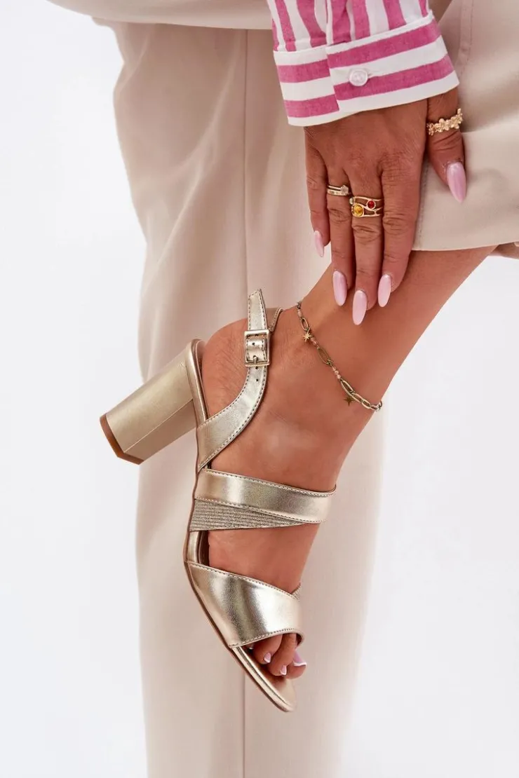 Outlet Buty Sergio Leone Sandały Damskie Na Słupku Sergio Leone SK866 Złote Złoty