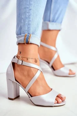 Buty Sergio Leone Sandały Na Obcasie*Sandały Damskie Na Słupku Sergio Leone Srebrna Perła SK865