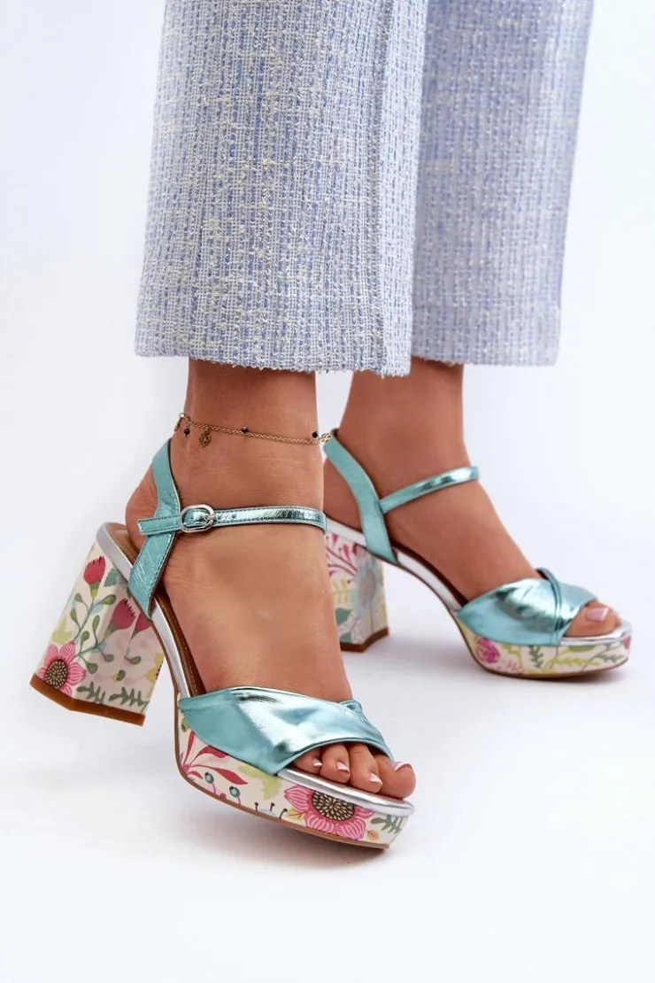 Damskie Damskie buty S.Barski Sandały Damskie Na Słupku W Kwiaty D&A CR980 Błękitne