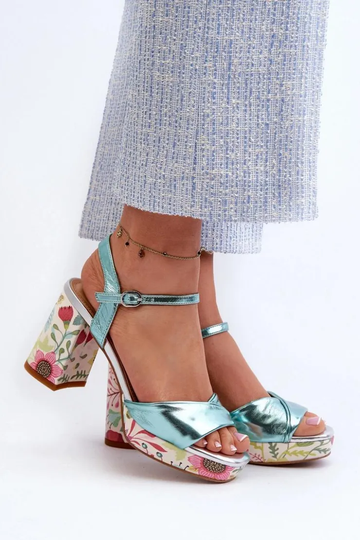 Damskie Damskie buty S.Barski Sandały Damskie Na Słupku W Kwiaty D&A CR980 Błękitne