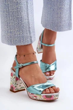 Damskie Damskie buty S.Barski Sandały Damskie Na Słupku W Kwiaty D&A CR980 Błękitne