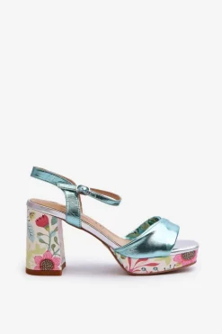 Damskie Damskie buty S.Barski Sandały Damskie Na Słupku W Kwiaty D&A CR980 Błękitne