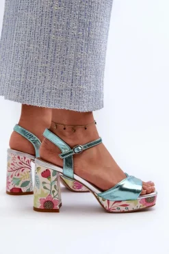 Damskie Damskie buty S.Barski Sandały Damskie Na Słupku W Kwiaty D&A CR980 Błękitne