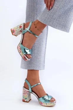 Damskie Damskie buty S.Barski Sandały Damskie Na Słupku W Kwiaty D&A CR980 Błękitne