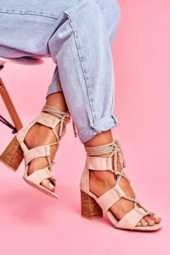 Boto Sandały Na Obcasie*Sandały Damskie Na Słupku Wiązane Zamszowe Beżowe Amore