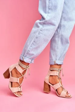 Boto Sandały Na Obcasie*Sandały Damskie Na Słupku Wiązane Zamszowe Beżowe Amore