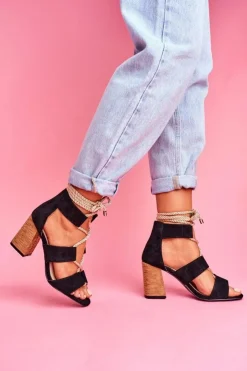 Clearance Boto Sandały Damskie Na Słupku Wiązane Zamszowe Czarne Amore