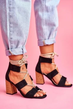 Clearance Boto Sandały Damskie Na Słupku Wiązane Zamszowe Czarne Amore