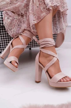 Damskie Boto Sandały Damskie Na Słupku Wiązane Beżowe Milla