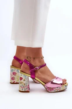 Damskie buty S.Barski Sandały Na Słupku|Sandały Na Obcasie*Sandały Damskie Na Słupku W Kwiaty D&A CR980 Różowe Różowy