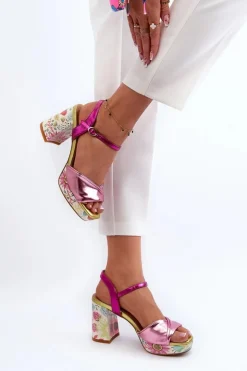 Damskie buty S.Barski Sandały Na Słupku|Sandały Na Obcasie*Sandały Damskie Na Słupku W Kwiaty D&A CR980 Różowe Różowy