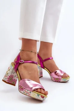 Damskie buty S.Barski Sandały Na Słupku|Sandały Na Obcasie*Sandały Damskie Na Słupku W Kwiaty D&A CR980 Różowe Różowy