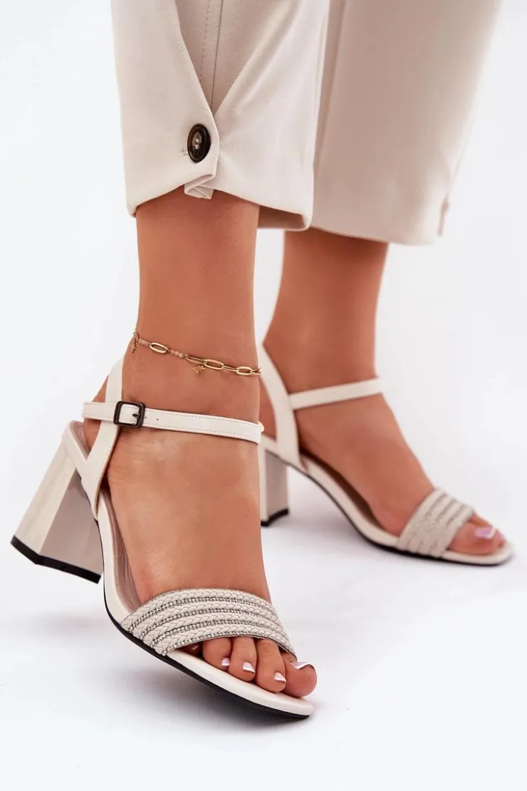 Discount Buty damskie Vinceza Sandały Damskie Na Słupku Z Cyrkoniami I Plecionką Vinceza 62228 Beżowe Beżowy