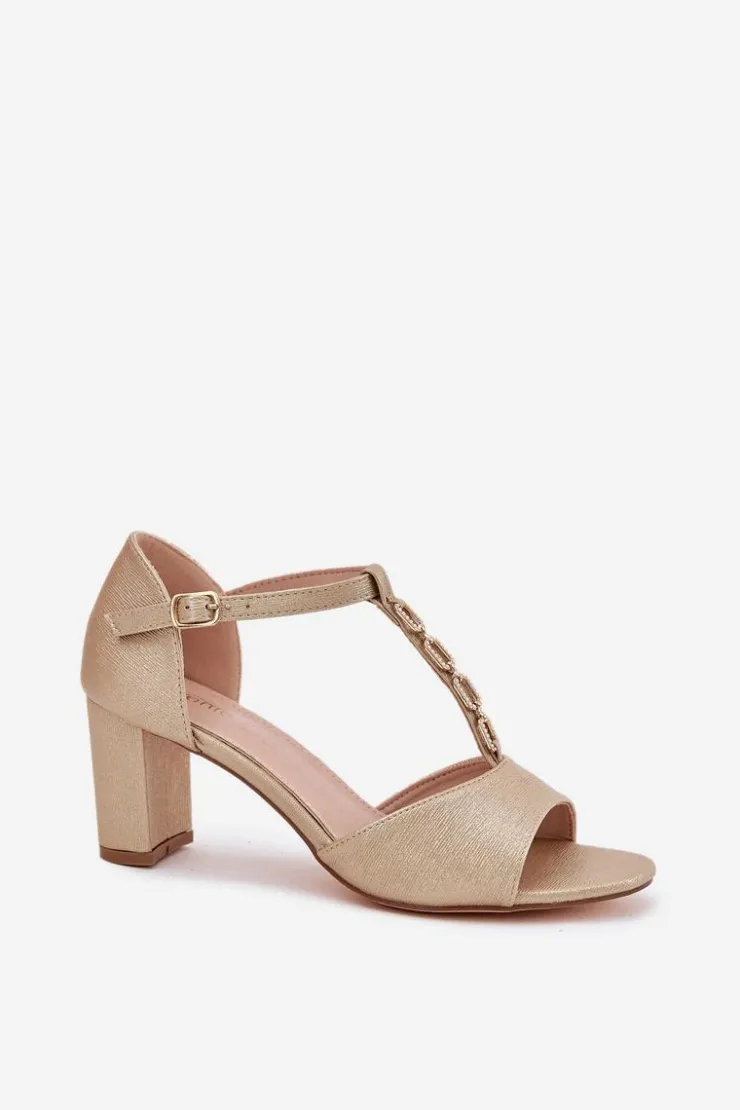 Damskie Evento Sandały Damskie Na Słupku Z Ozdobnym Paskiem Eko Skóra Złote Triavera