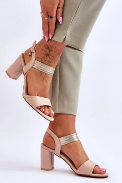 Damskie Damskie buty S.Barski Sandały Damskie Na Słupku Zamszowe Beżowe Enjoy