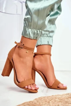 Damskie Boto Sandały Damskie Na Słupku Zamszowe Camel Anastasie