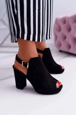 Boto Sandały Damskie Na Słupku Z Cholewką Odkryte Palce Czarne Montree