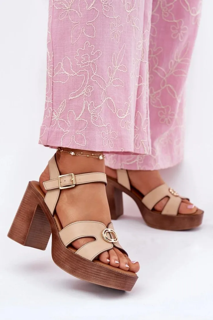 Evento Sandały Na Słupku|Sandały Na Obcasie*Sandały Damskie Na Słupku Ze Złotą Ozdobą Beżowe Nusorilis