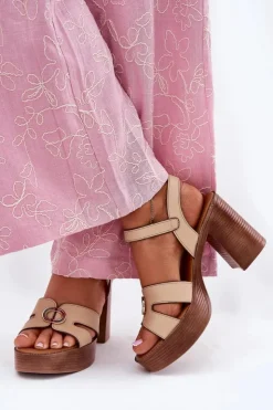 Evento Sandały Na Słupku|Sandały Na Obcasie*Sandały Damskie Na Słupku Ze Złotą Ozdobą Beżowe Nusorilis